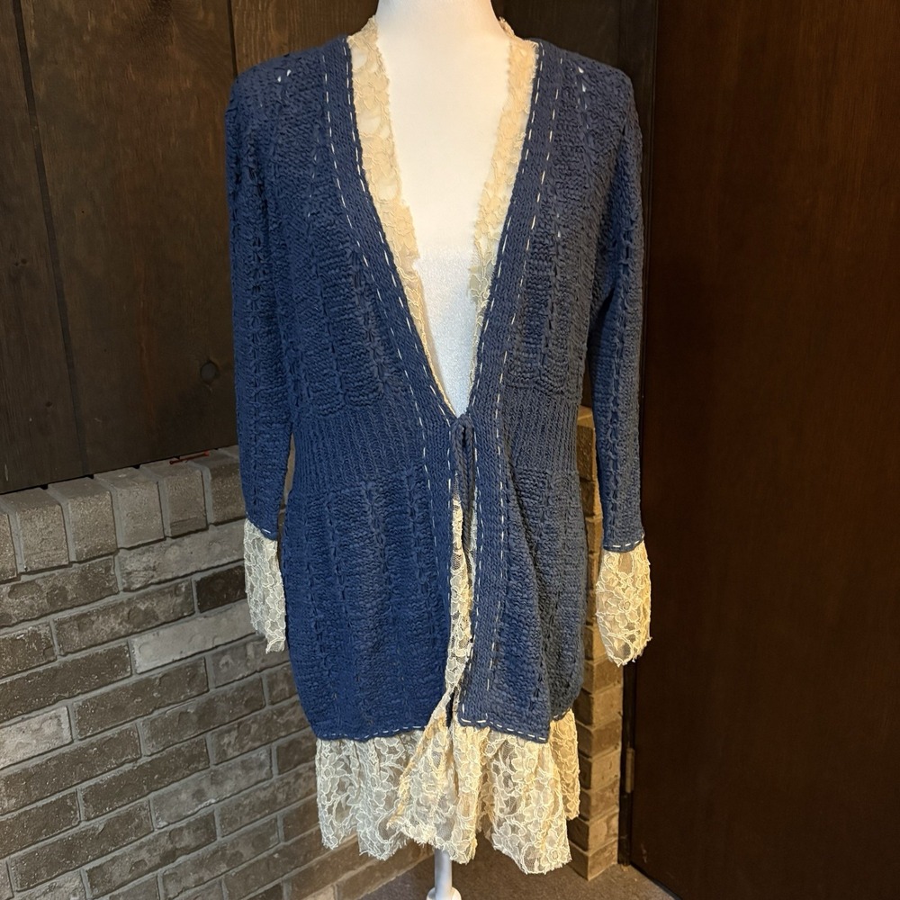Blue Crochet knit Lace Trim Tie Waist Duster Cardigan Prairie Peasant Fun Cute